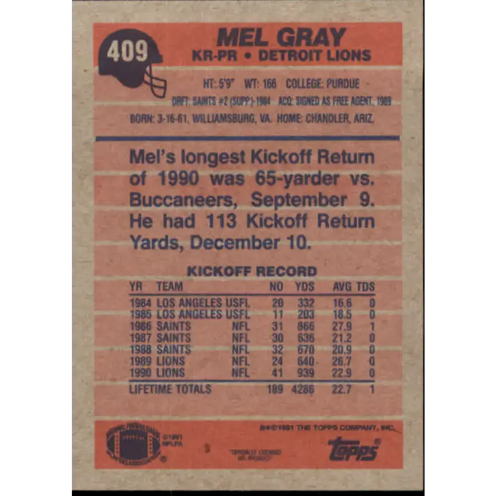 1991 Topps #409 Mel Gray NM-MT Detroit Lions Football Card - Football Card Single