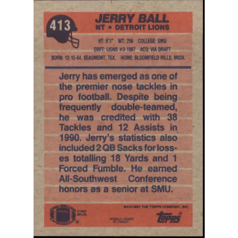 1991 Topps #413 Jerry Ball NM-MT Detroit Lions Football Card - Football Card Single