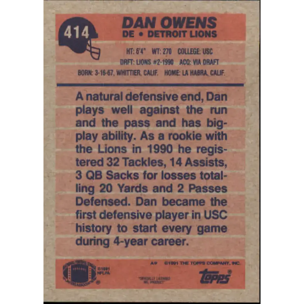 1991 Topps #414 Dan Owens NM-MT Detroit Lions Football Card - Football Card Single