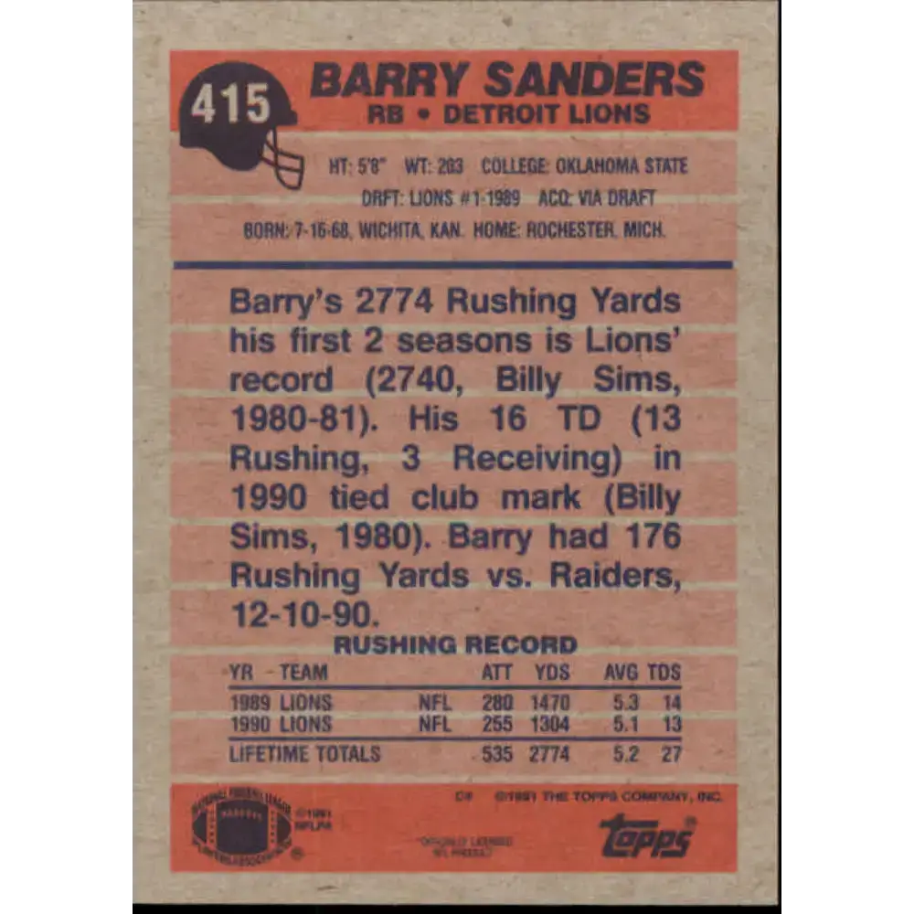 1991 Topps #415 Barry Sanders NM-MT Detroit Lions Football Card - Football Card Single