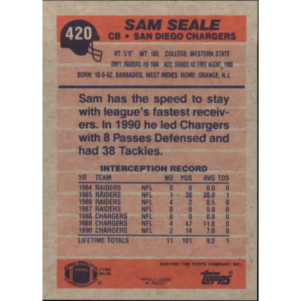1991 Topps #420 Sam Seale NM-MT San Diego Chargers Football Card - Football Card Single