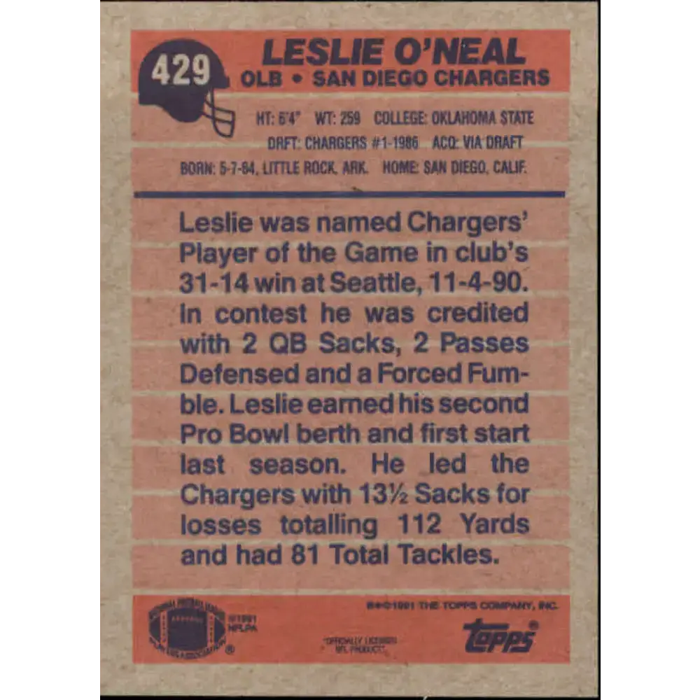 1991 Topps #429 Leslie O’Neal NM-MT San Diego Chargers Football Card - Football Card Single