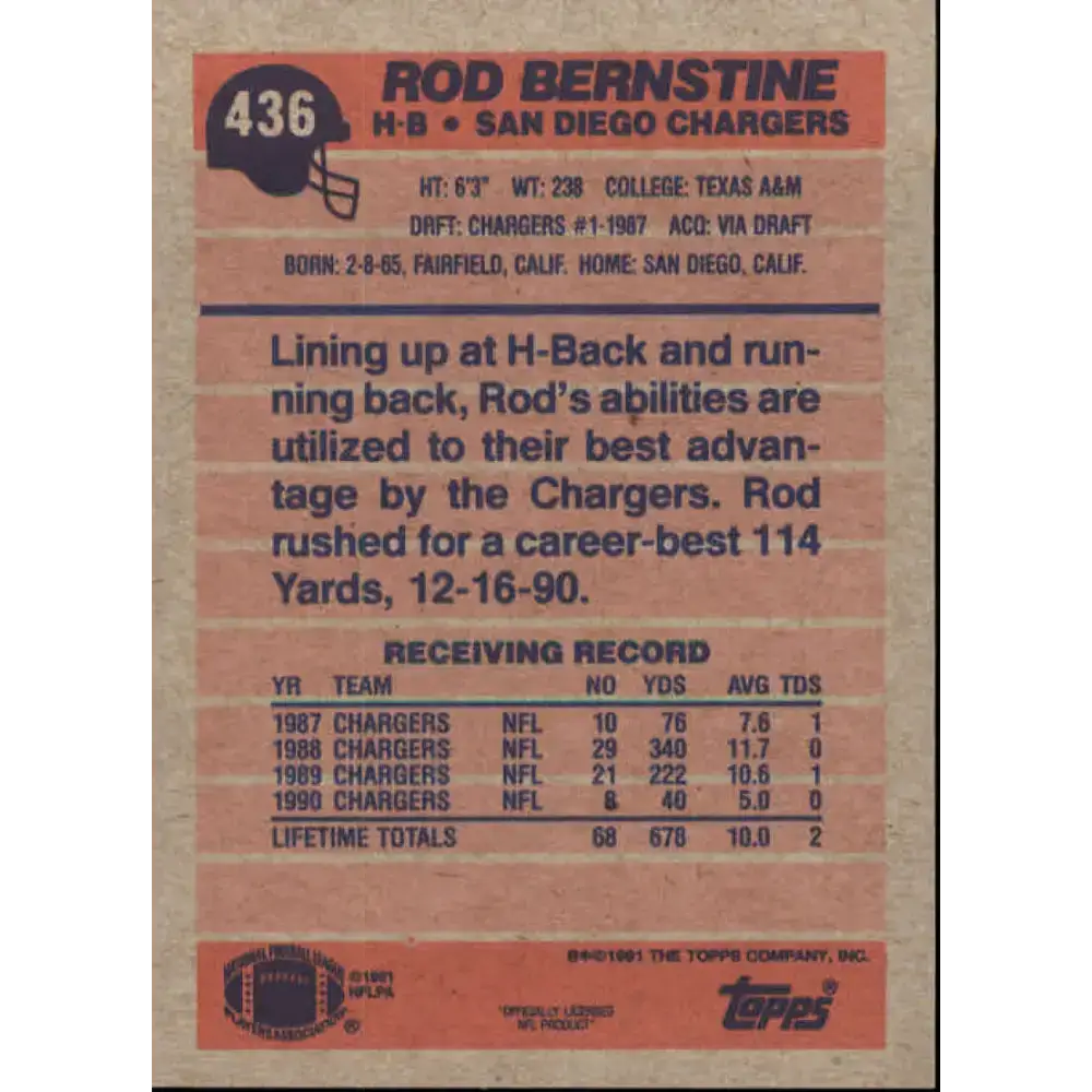 1991 Topps #436 Rod Bernstine NM-MT San Diego Chargers Football Card