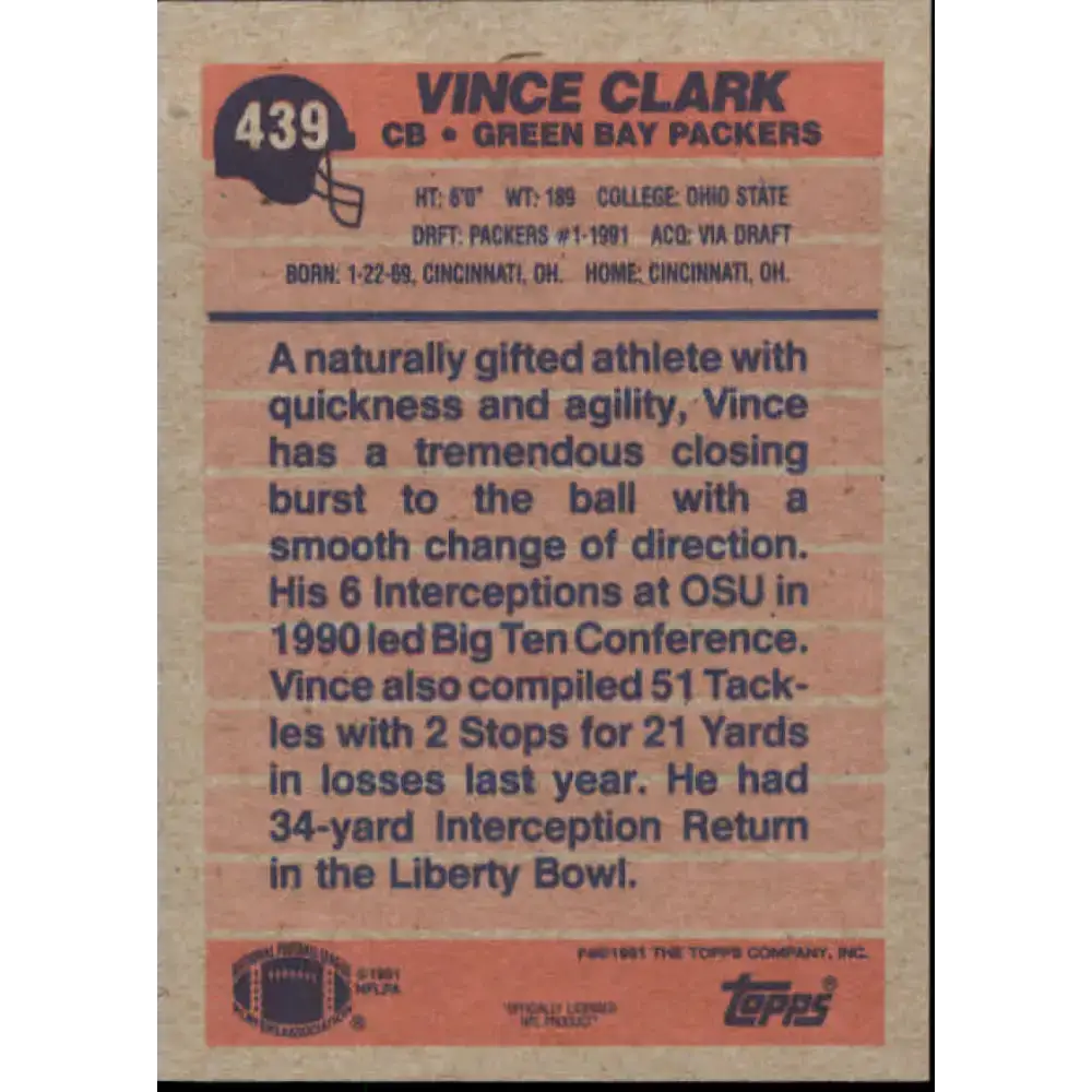 1991 Topps #439 Vince Clark NM-MT RC Rookie Green Bay Packers Football Card - Football Card Single