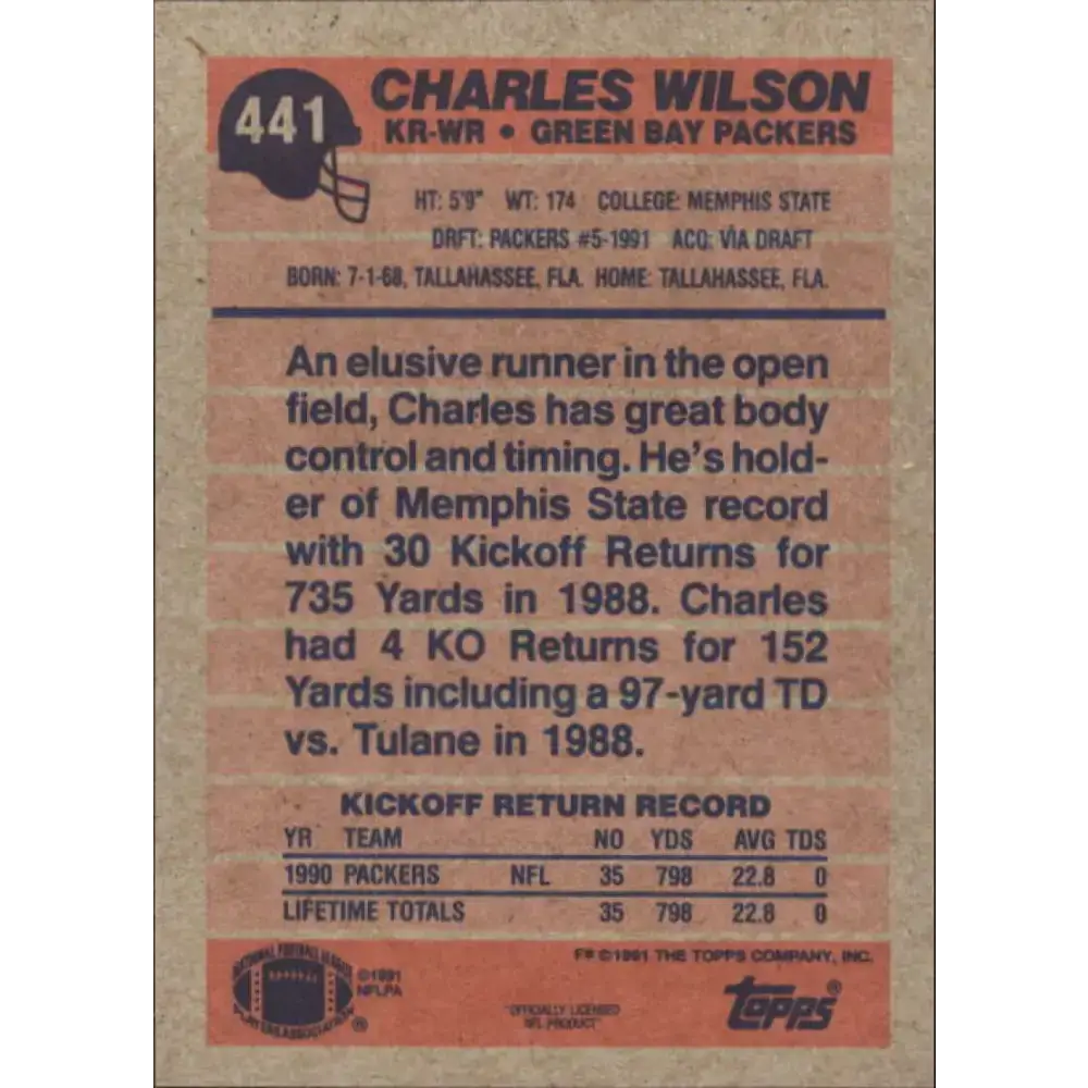 1991 Topps #441 Charles Wilson NM-MT Green Bay Packers Football Card - Football Card Single
