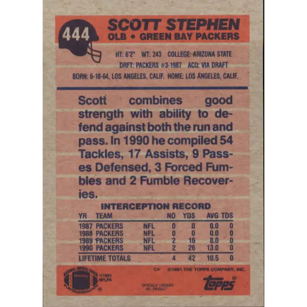 1991 Topps #444 Scott Stephen NM-MT RC Rookie Green Bay Packers Football Card - Football Card Single