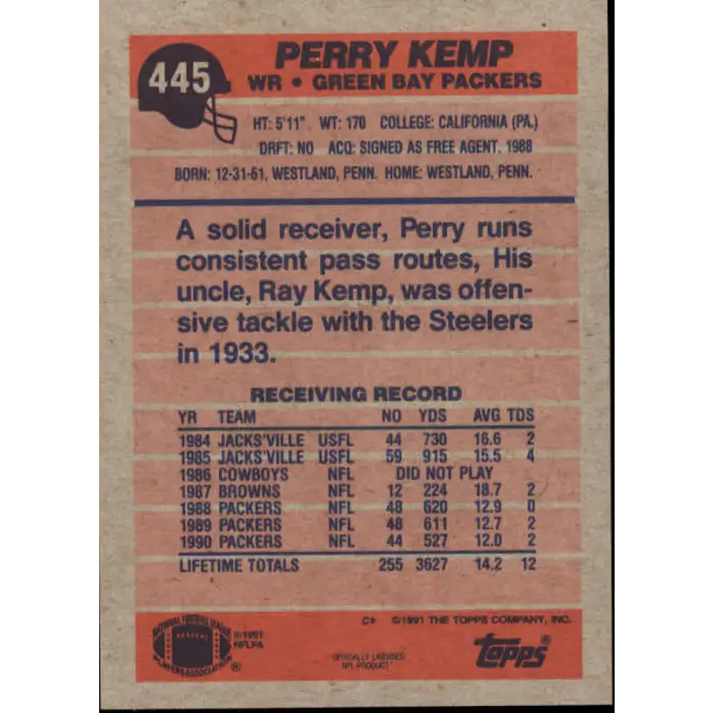 1991 Topps #445 Perry Kemp NM-MT Green Bay Packers Football Card - Football Card Single