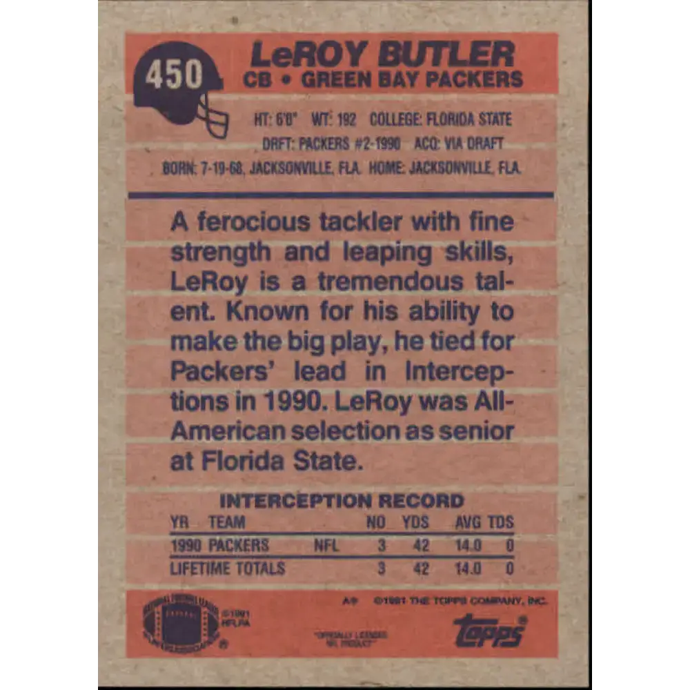 1991 Topps #450 LeRoy Butler NM-MT Green Bay Packers Football Card