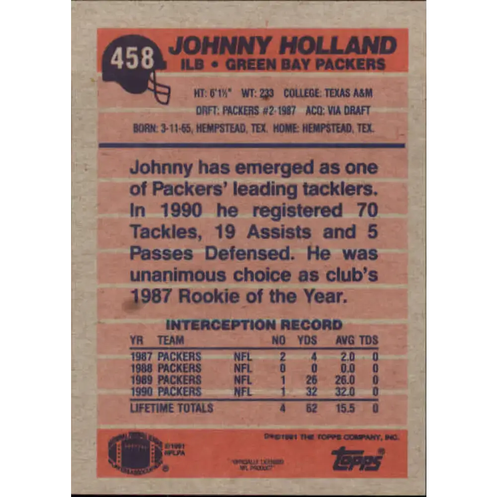 1991 Topps #458 Johnny Holland NM-MT Green Bay Packers Football Card - Football Card Single