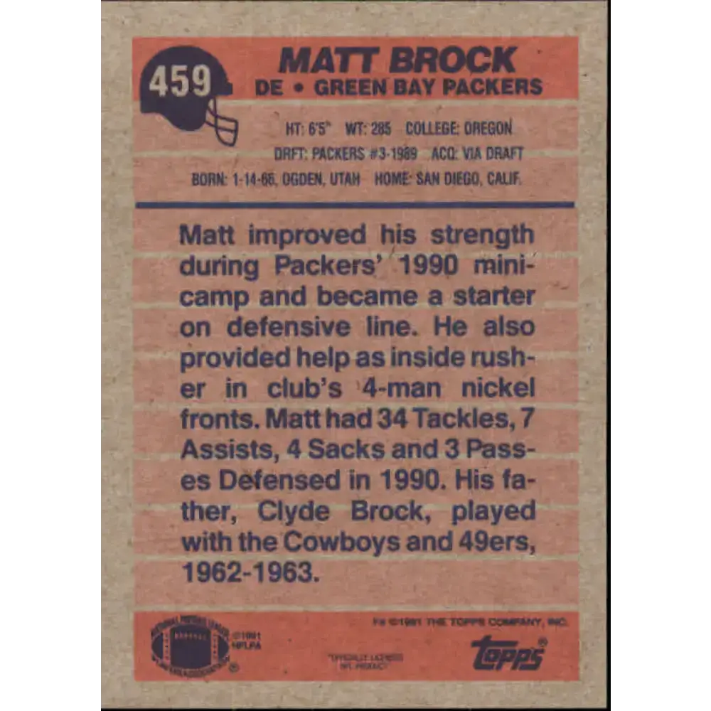 1991 Topps #459 Matt Brock NM-MT RC Rookie Green Bay Packers Football Card - Football Card Single