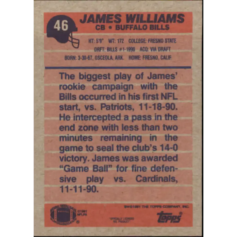 1991 Topps #46 James Williams NM-MT Buffalo Bills Football Card - Football Card Single