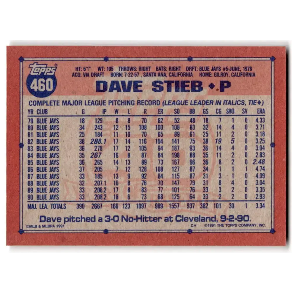 1991 Topps #460 Dave Stieb NM-MT Toronto Blue Jays Baseball Card - Baseball Card Single