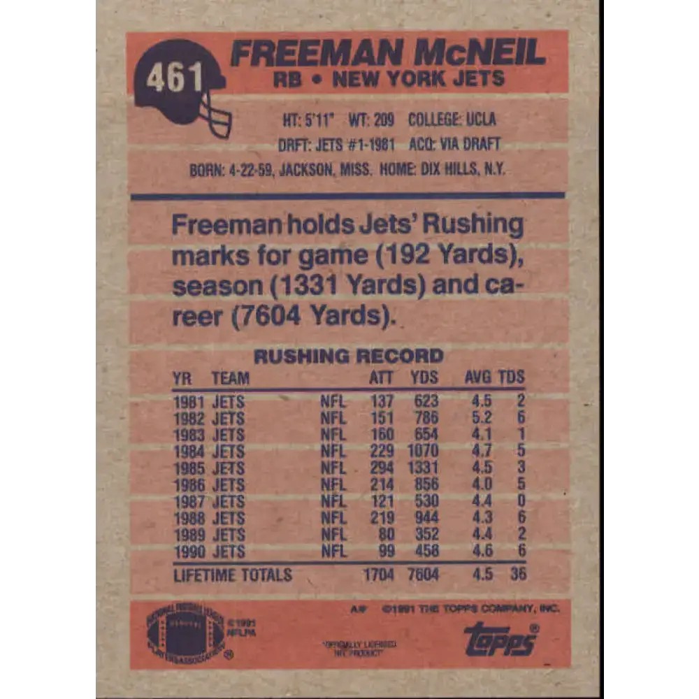 1991 Topps #461 Freeman McNeil NM-MT New York Jets Football Card - Football Card Single