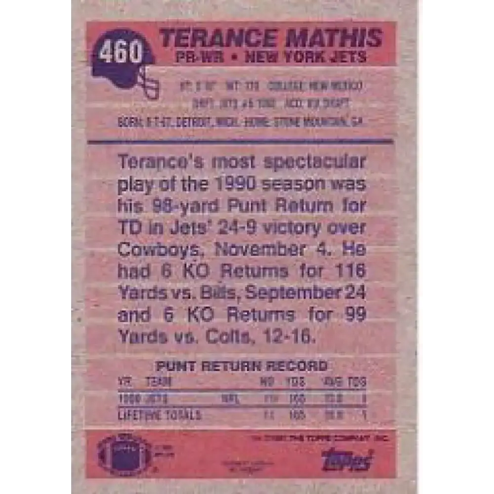 1991 Topps #462 Terance Mathis NM-MT New York Jets Football Card