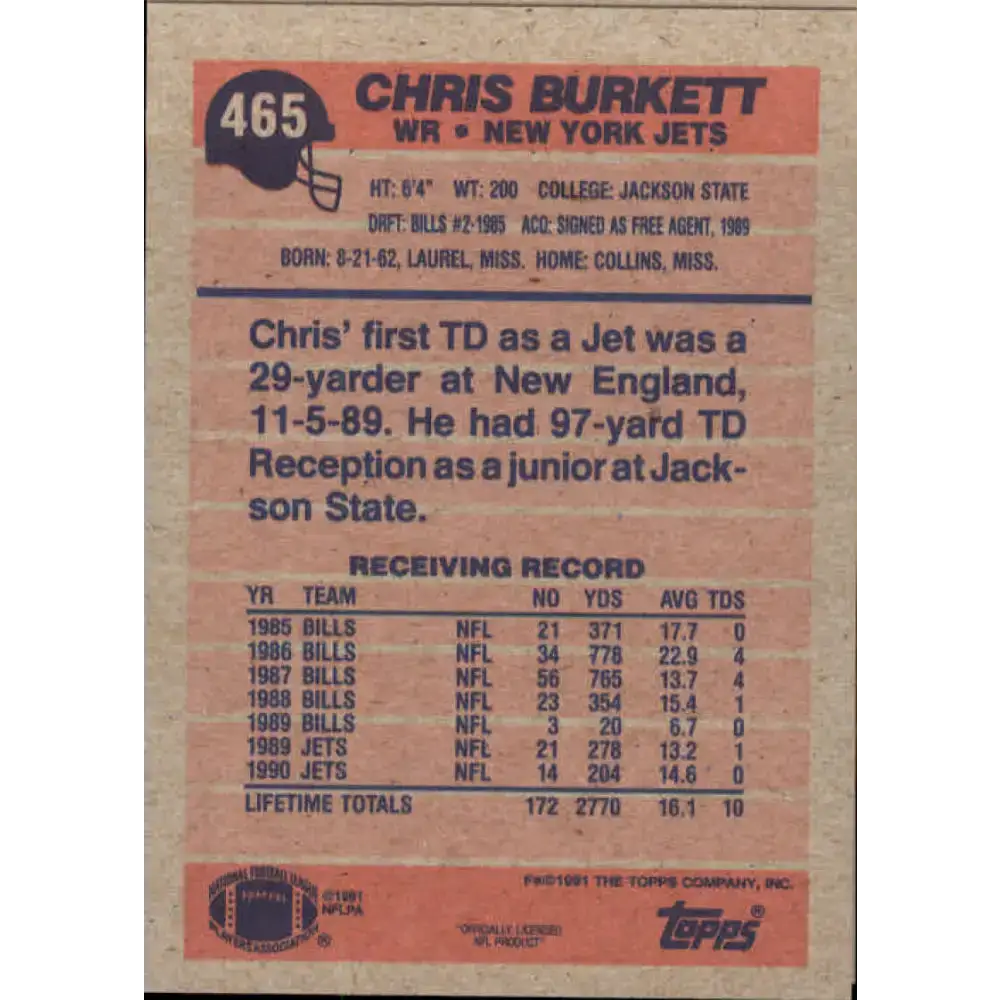 1991 Topps #465 Chris Burkett NM-MT New York Jets Football Card - Football Card Single