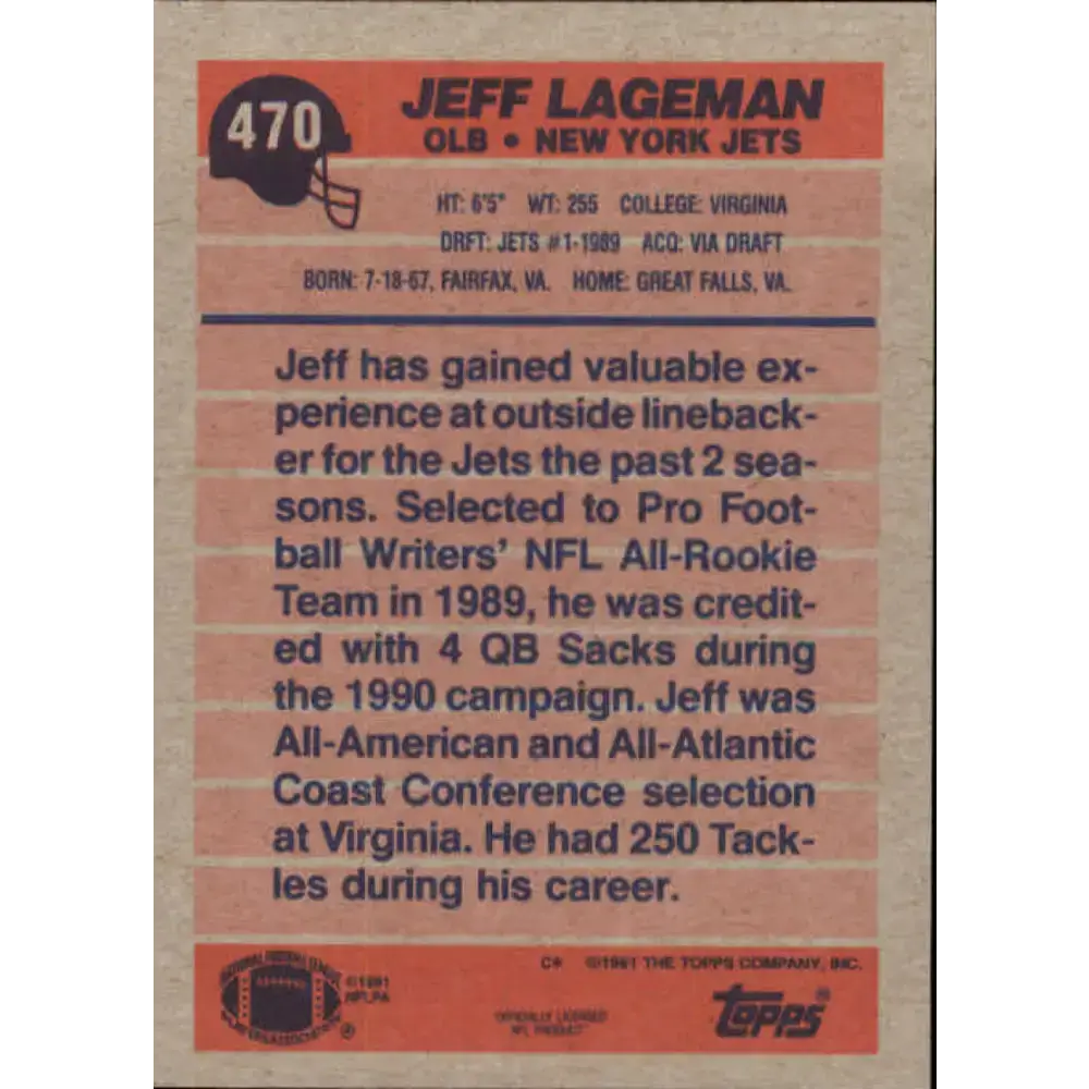 1991 Topps #470 Jeff Lageman NM-MT New York Jets Football Card - Football Card Single