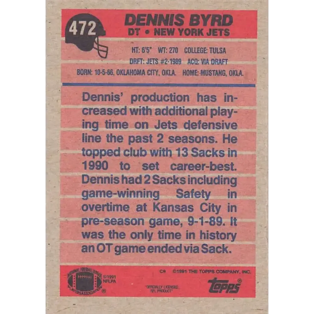 1991 Topps #472 Dennis Byrd NM-MT New York Jets Football Card - Football Card Single