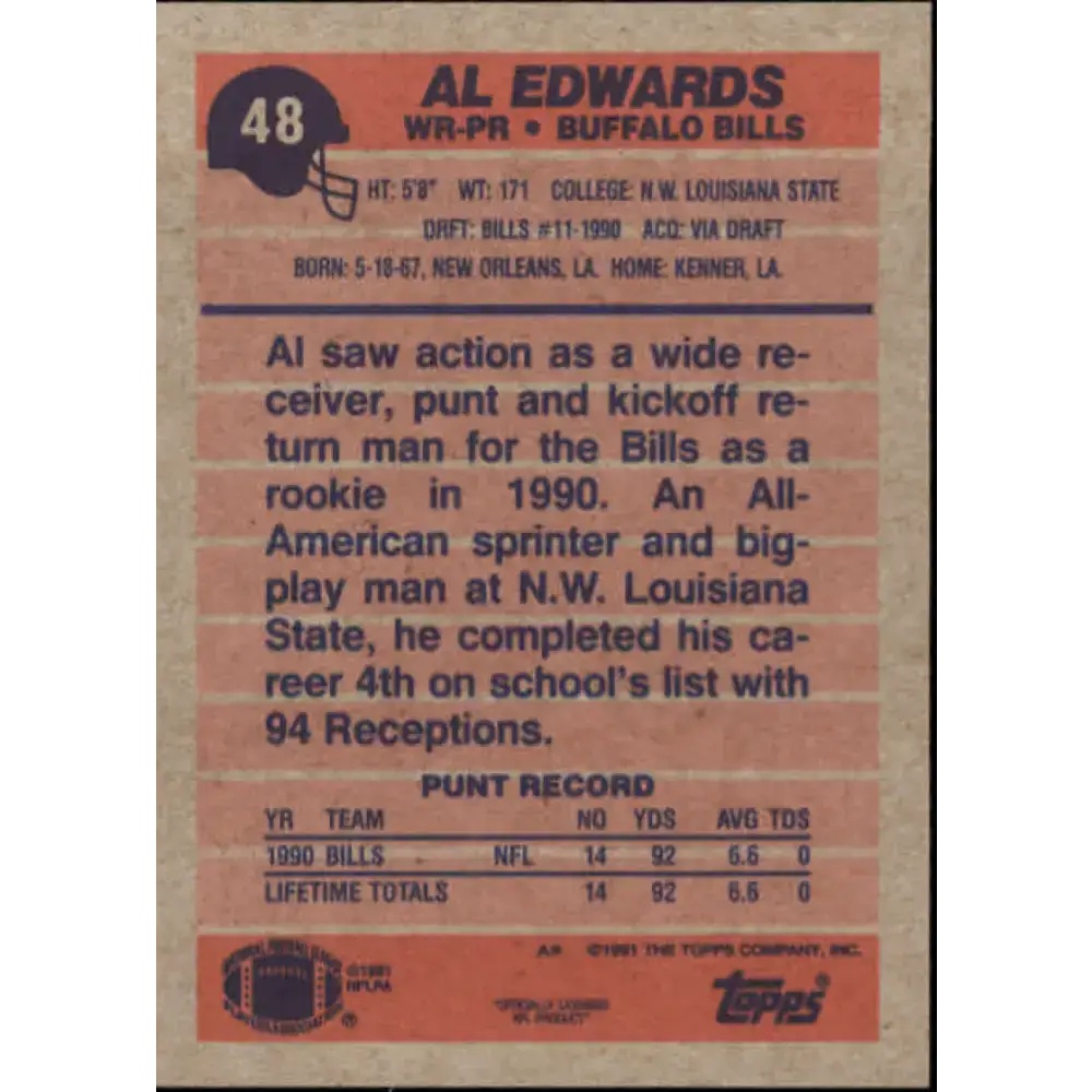 1991 Topps #48 Al Edwards NM-MT RC Rookie Buffalo Bills Football Card - Football Card Single