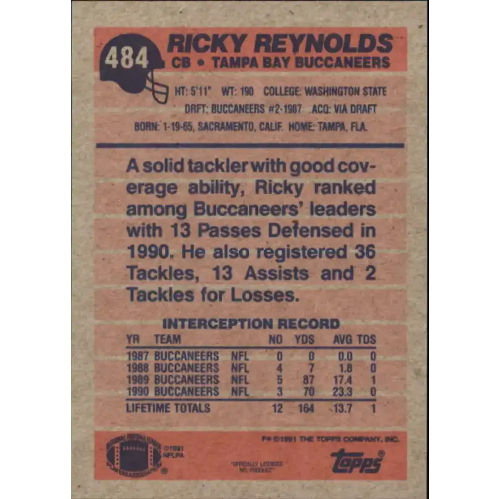 1991 Topps #484 Ricky Reynolds NM-MT Tampa Bay Buccaneers Football Card - Football Card Single