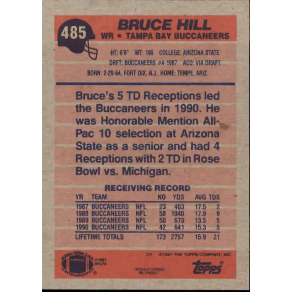 1991 Topps #485 Bruce Hill NM-MT Tampa Bay Buccaneers Football Card - Football Card Single