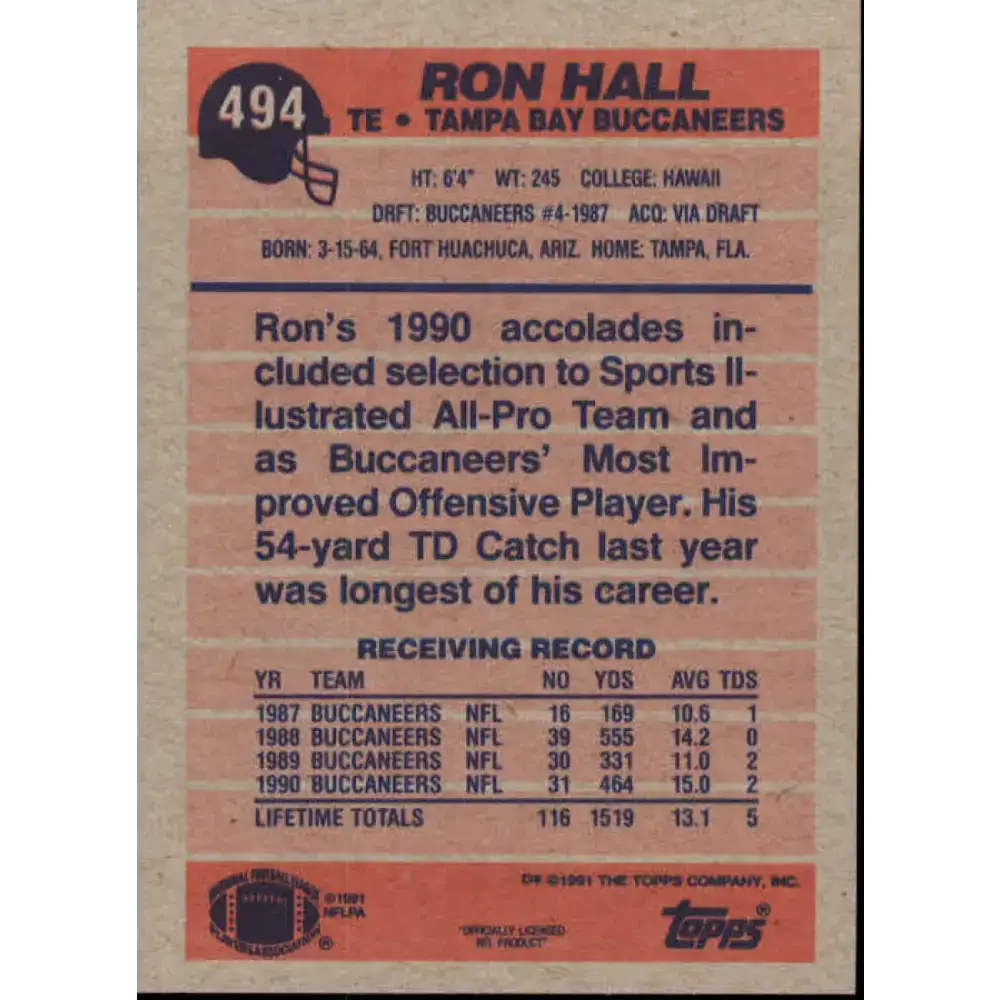1991 Topps #494 Ron Hall NM-MT Tampa Bay Buccaneers Football Card - Football Card Single