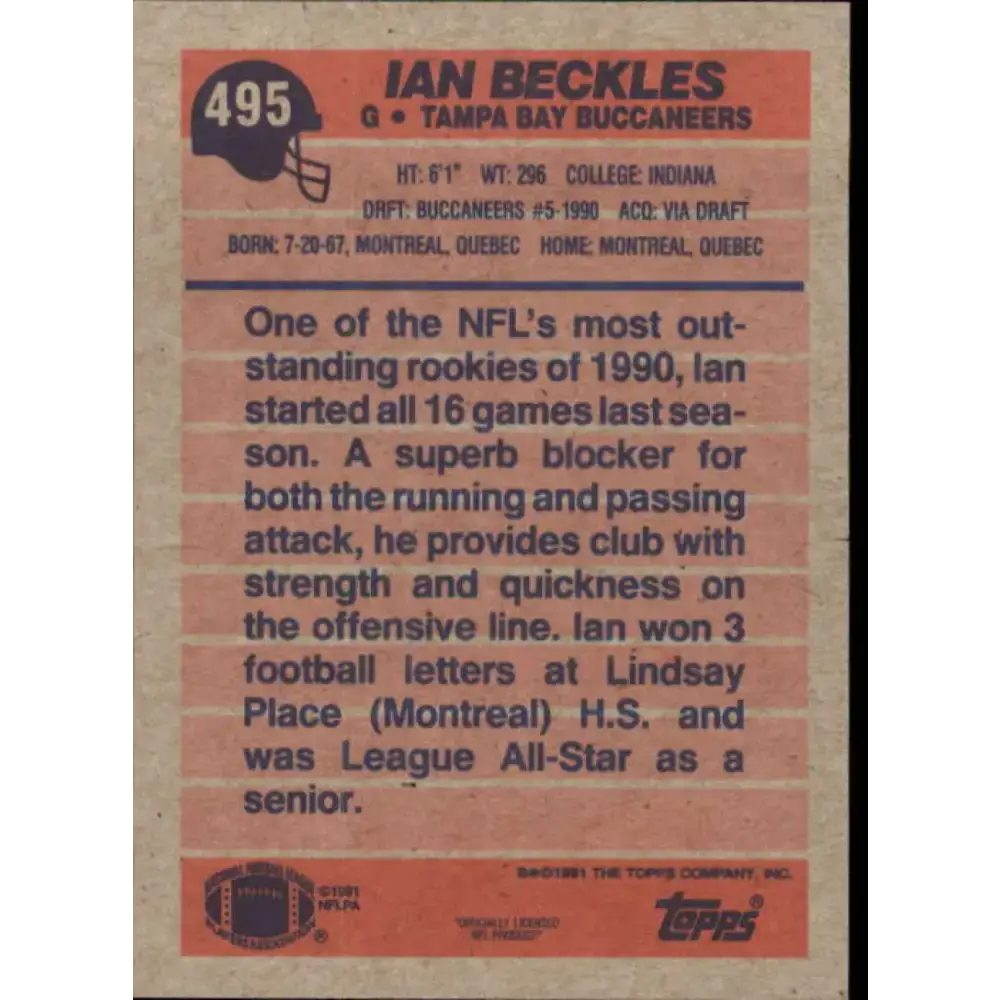 1991 Topps #495 Ian Beckles NM-MT Tampa Bay Buccaneers Football Card - Football Card Single