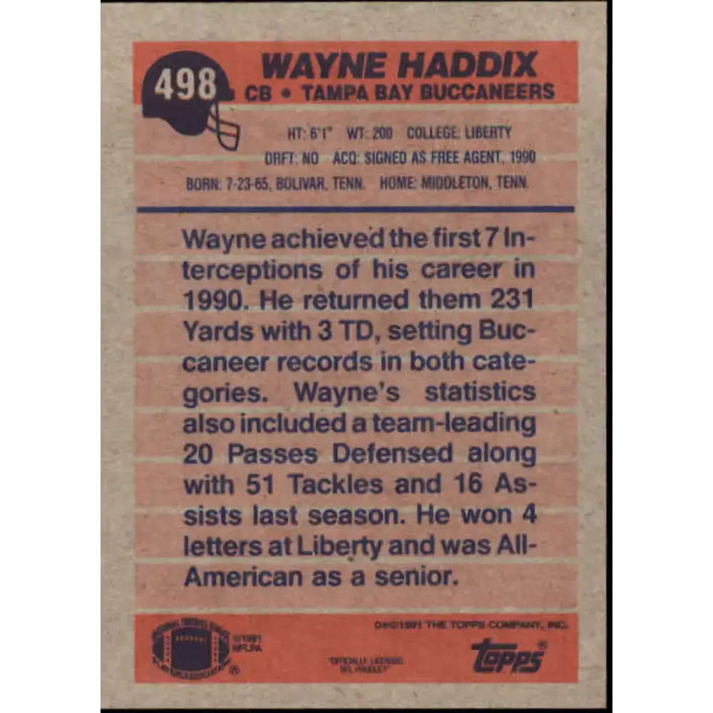 1991 Topps #498 Wayne Haddix NM-MT Tampa Bay Buccaneers Football Card - Football Card Single