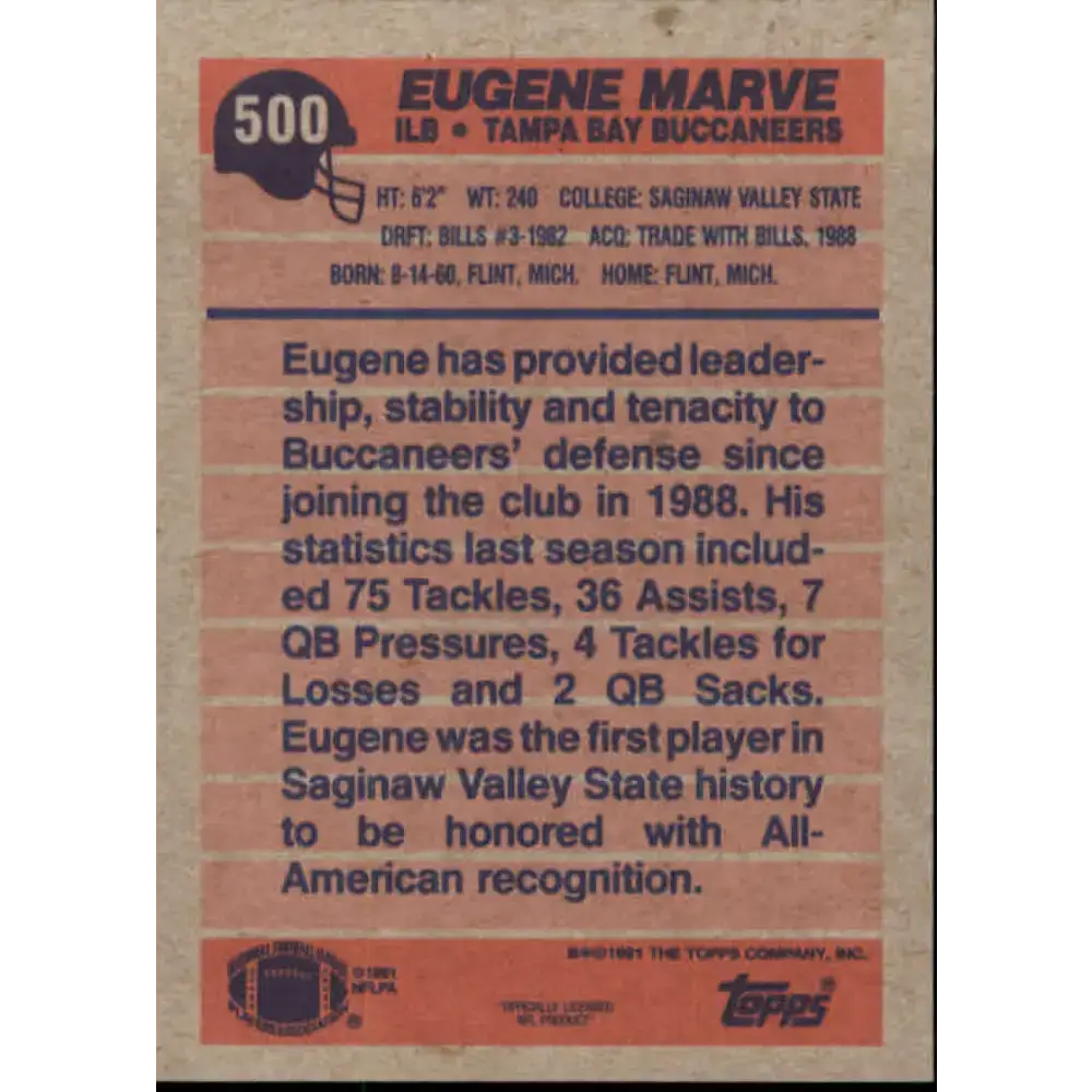 1991 Topps #500 Eugene Marve NM-MT Tampa Bay Buccaneers Football Card - Football Card Single