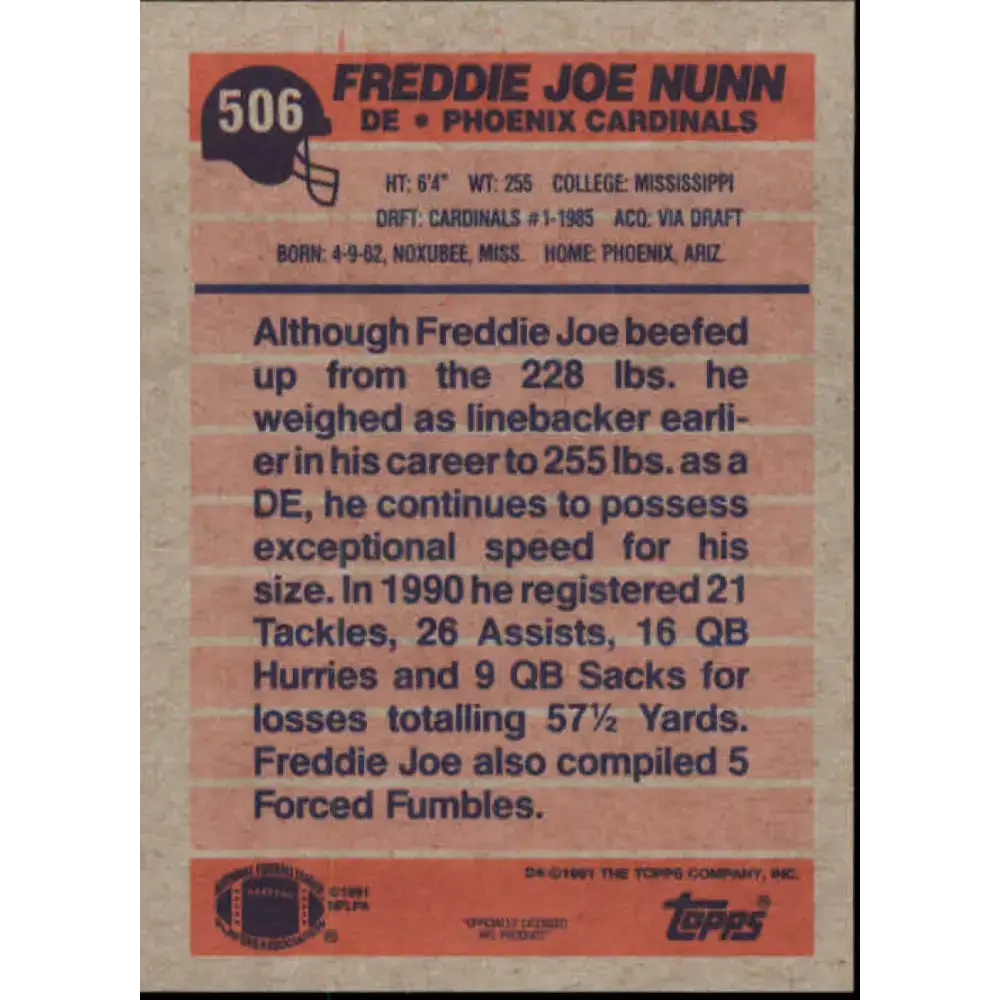 1991 Topps #506 Freddie Joe Nunn NM-MT Phoenix Cardinals Football Card - Football Card Single