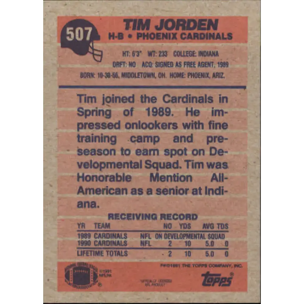 1991 Topps #507 Tim Jorden NM-MT RC Rookie Phoenix Cardinals Football Card - Football Card Single