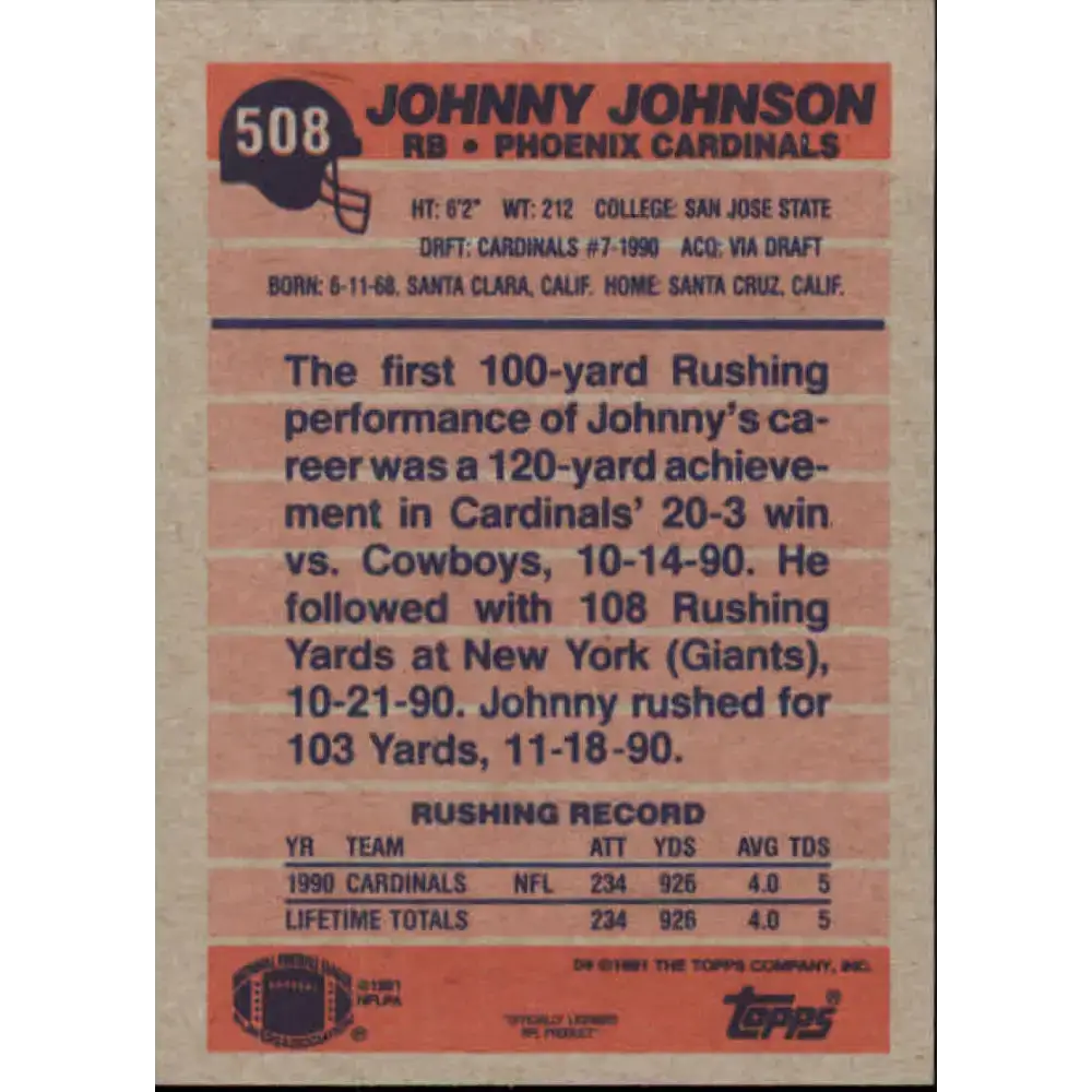 1991 Topps #508 Johnny Johnson NM-MT RC Rookie Phoenix Cardinals Football Card - Football Card Single