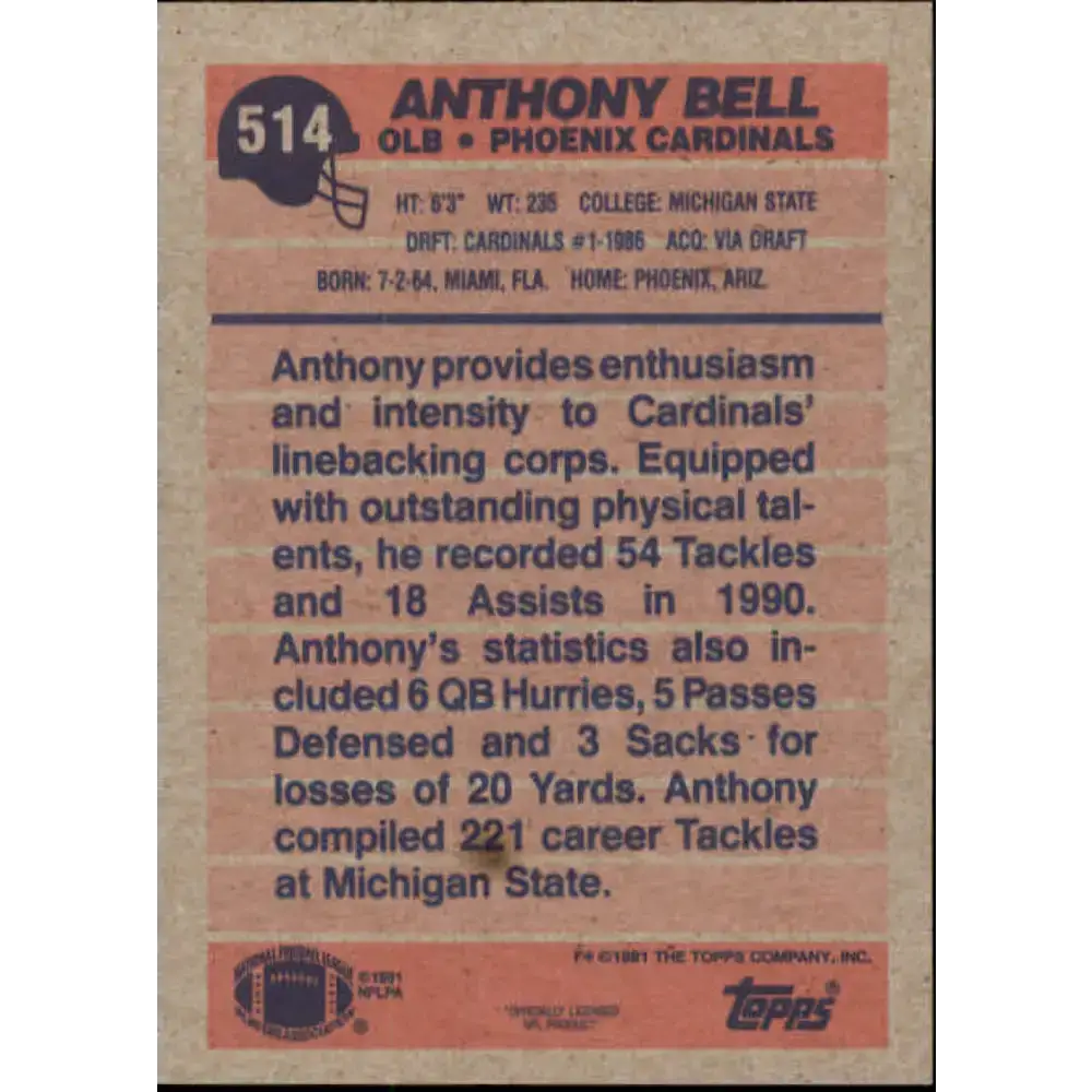 1991 Topps #514 Anthony Bell NM-MT Phoenix Cardinals Football Card - Football Card Single