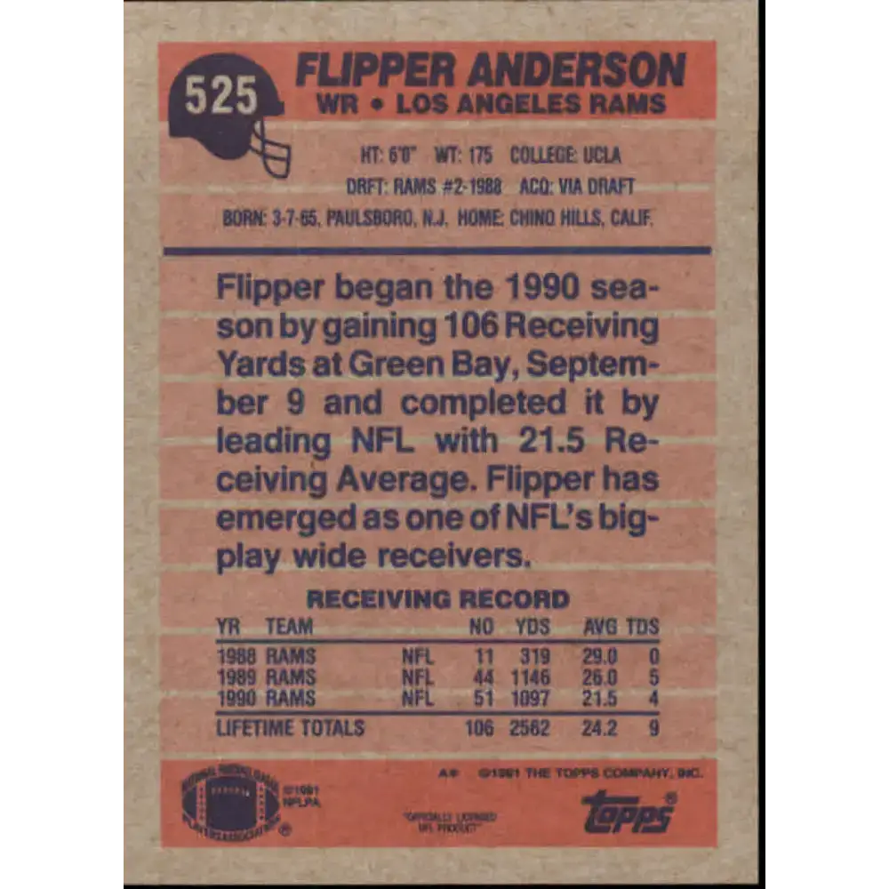 1991 Topps #525 Flipper Anderson NM-MT Los Angeles Rams Football Card - Football Card Single