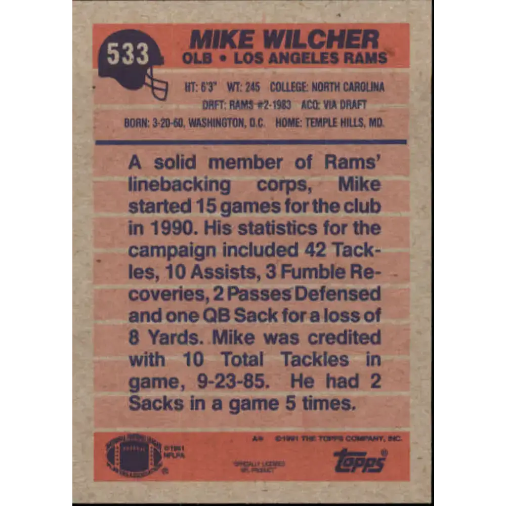 1991 Topps #533 Mike Wilcher NM-MT Los Angeles Rams Football Card - Football Card Single