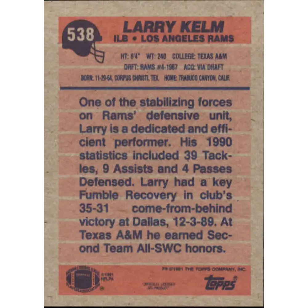 1991 Topps #538 Larry Kelm NM-MT Los Angeles Rams Football Card - Football Card Single