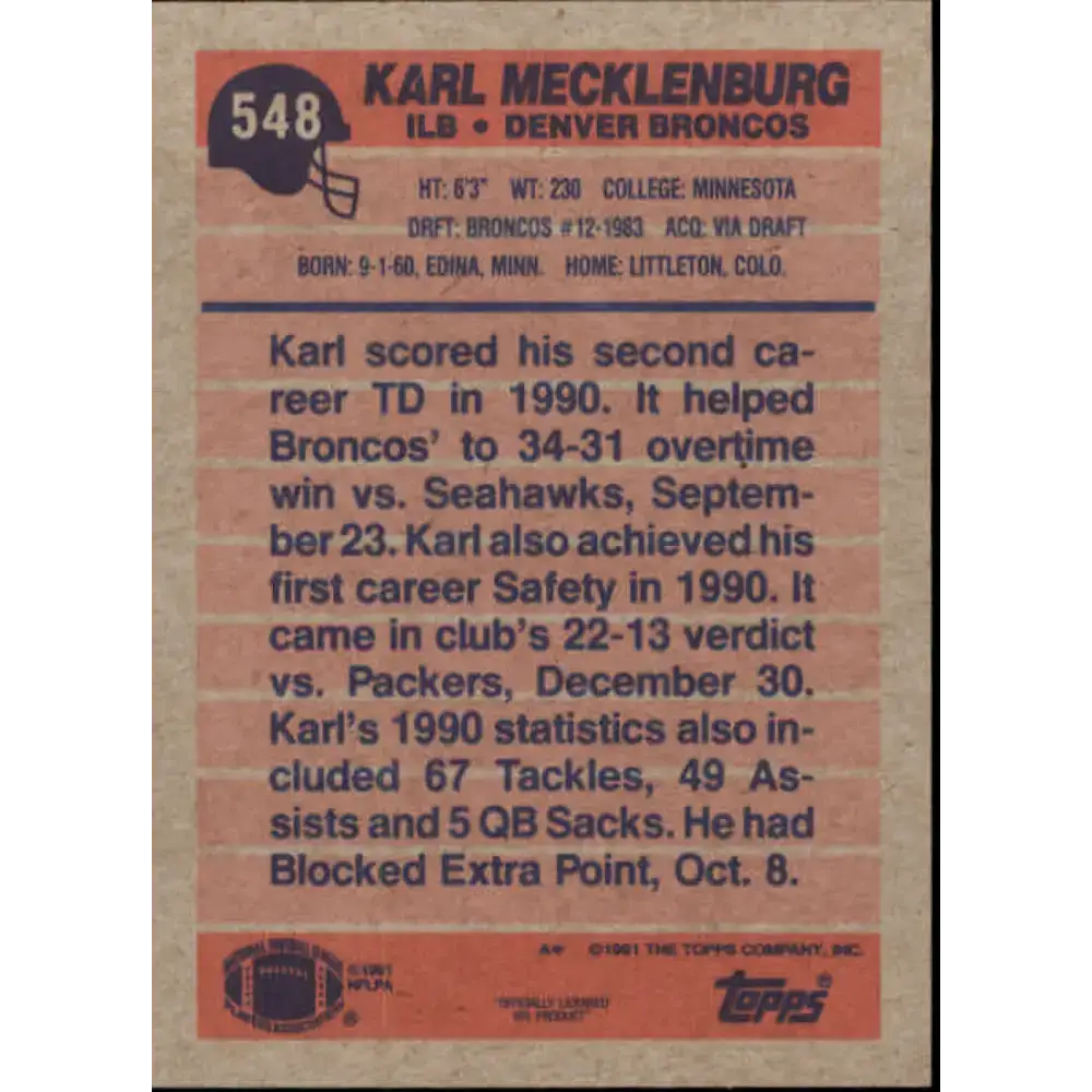 1991 Topps #548 Karl Mecklenburg NM-MT Denver Broncos Football Card - Football Card Single
