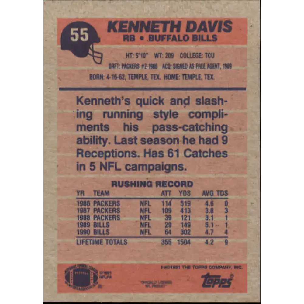 1991 Topps #55 Kenneth Davis NM-MT Buffalo Bills Football Card - Football Card Single