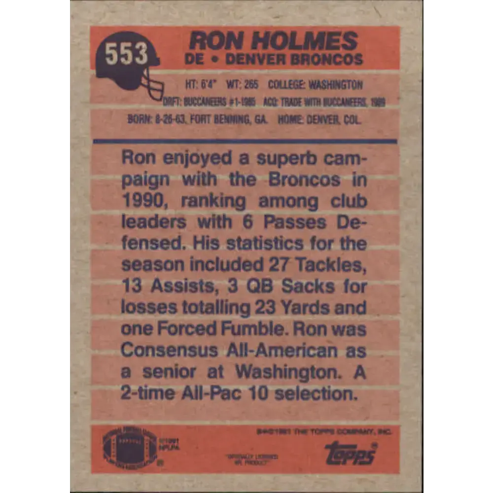 1991 Topps #553 Ron Holmes NM-MT Denver Broncos Football Card - Football Card Single