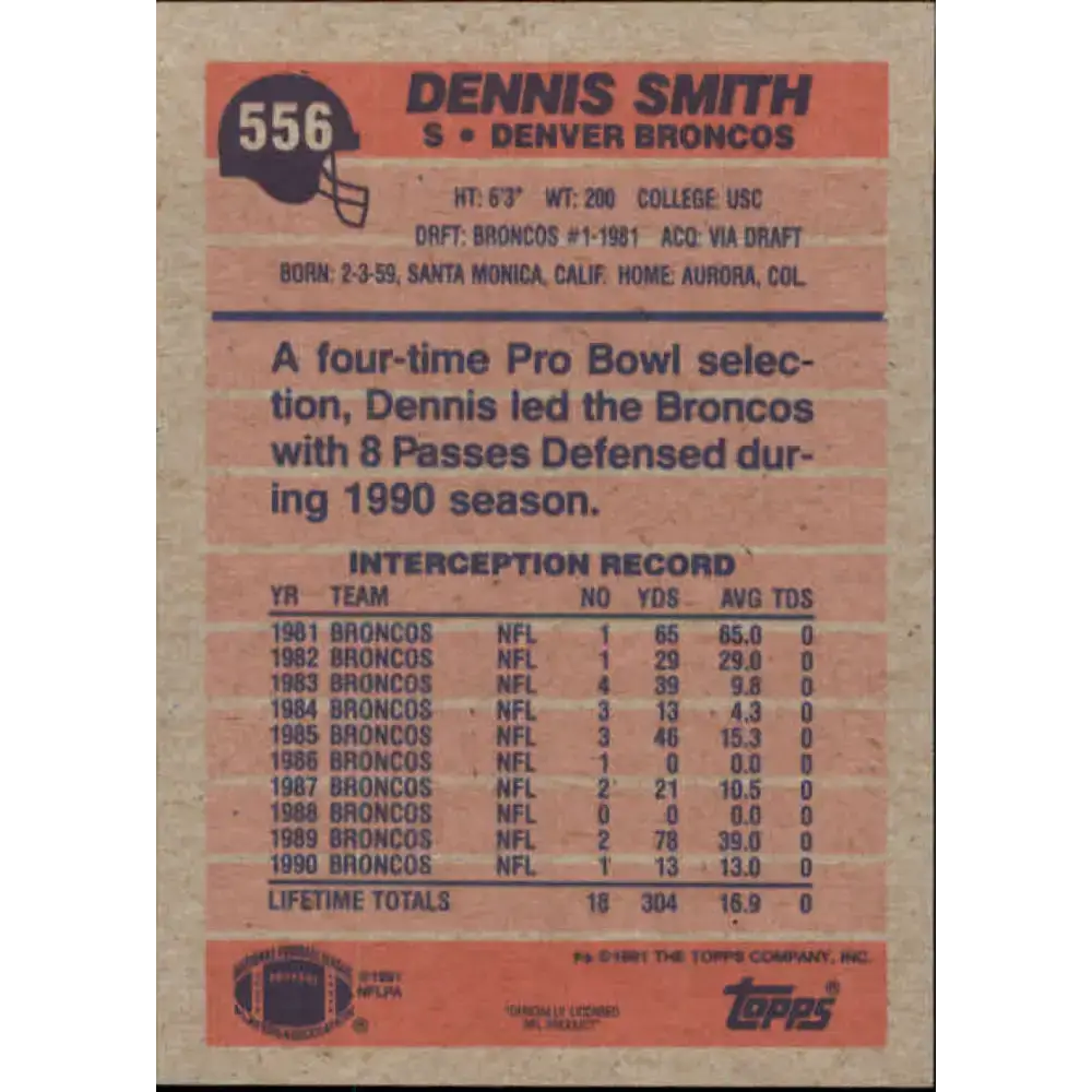 1991 Topps #556 Dennis Smith NM-MT Denver Broncos Football Card - Football Card Single