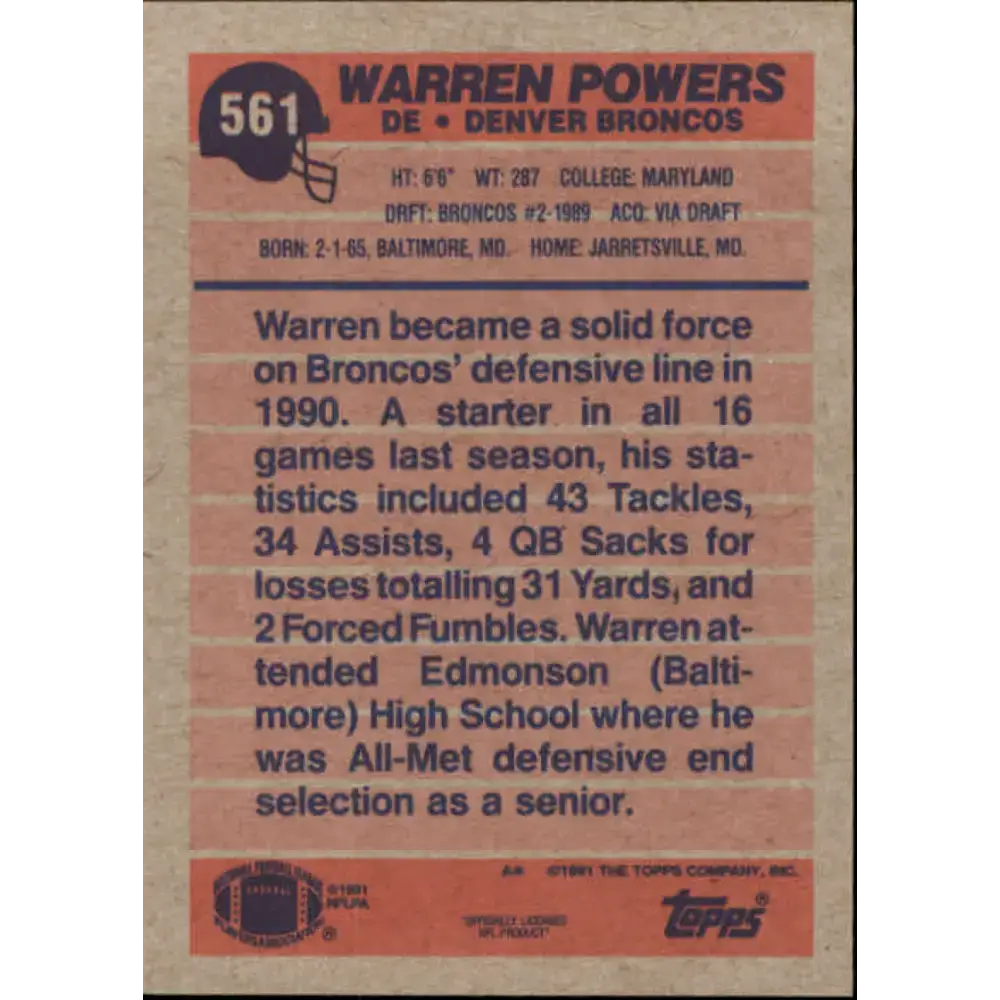 1991 Topps #561 Warren Powers NM-MT Denver Broncos Football Card - Football Card Single