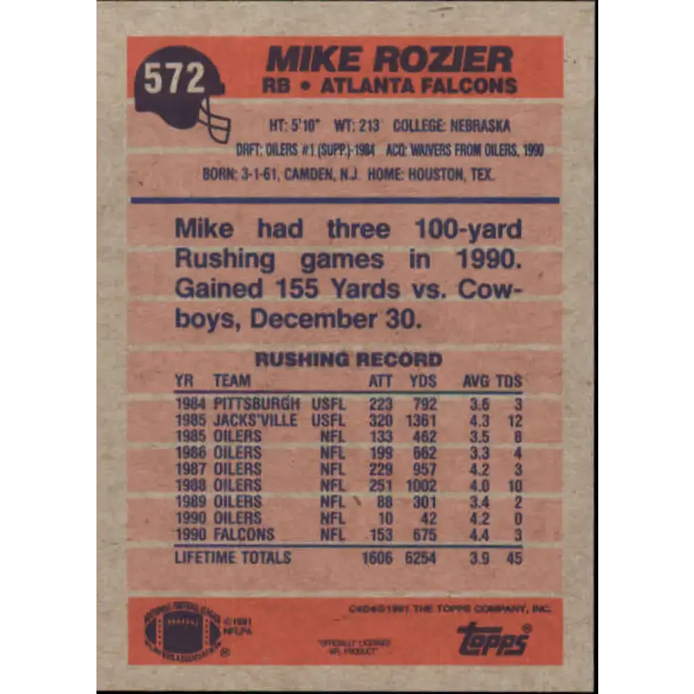 1991 Topps #572 Mike Rozier NM-MT Atlanta Falcons Football Card - Football Card Single