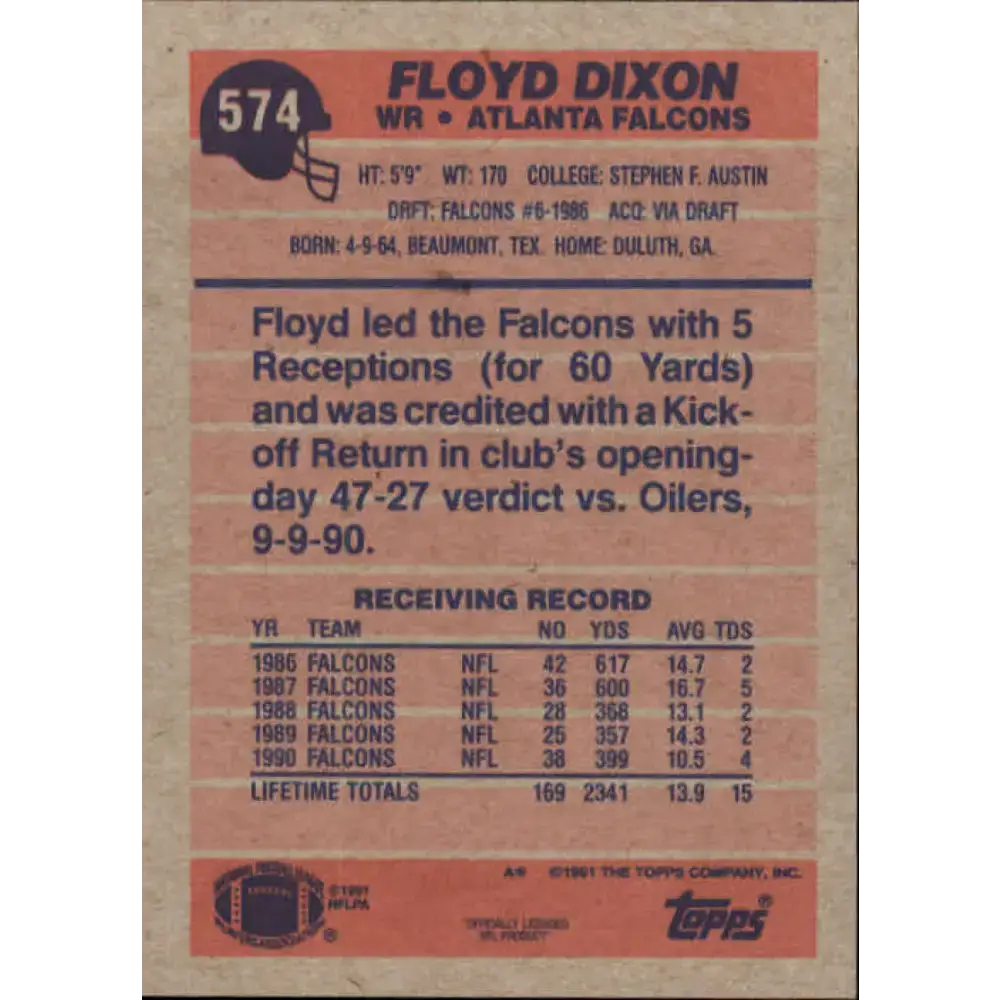 1991 Topps #574 Floyd Dixon NM-MT Atlanta Falcons Football Card - Football Card Single