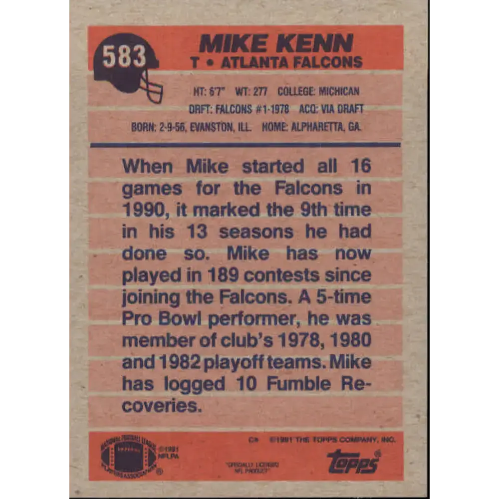 1991 Topps #583 Mike Kenn NM-MT Atlanta Falcons Football Card - Football Card Single