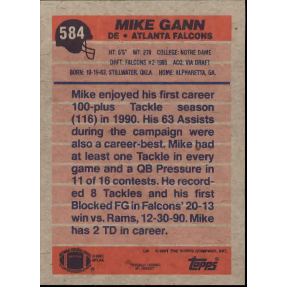 1991 Topps #584 Mike Gann NM-MT Atlanta Falcons Football Card - Football Card Single