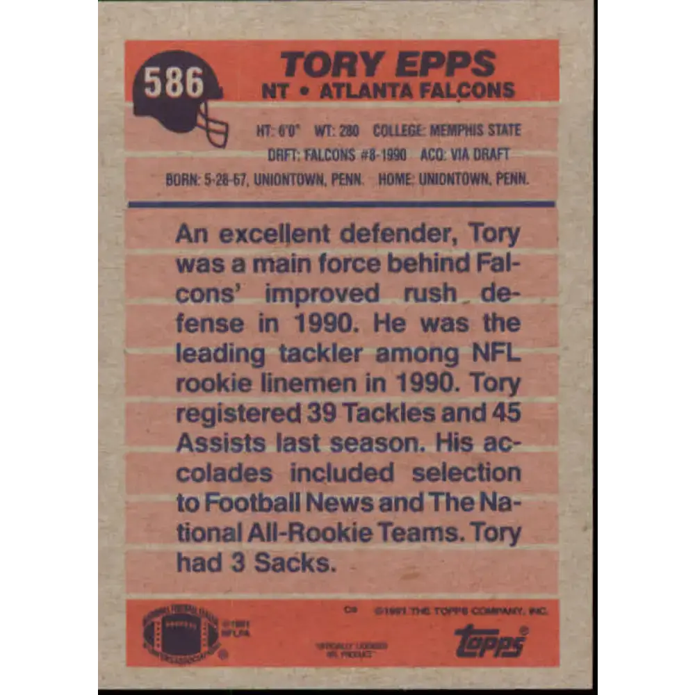1991 Topps #586 Tory Epps NM-MT RC Rookie Atlanta Falcons Football Card - Football Card Single