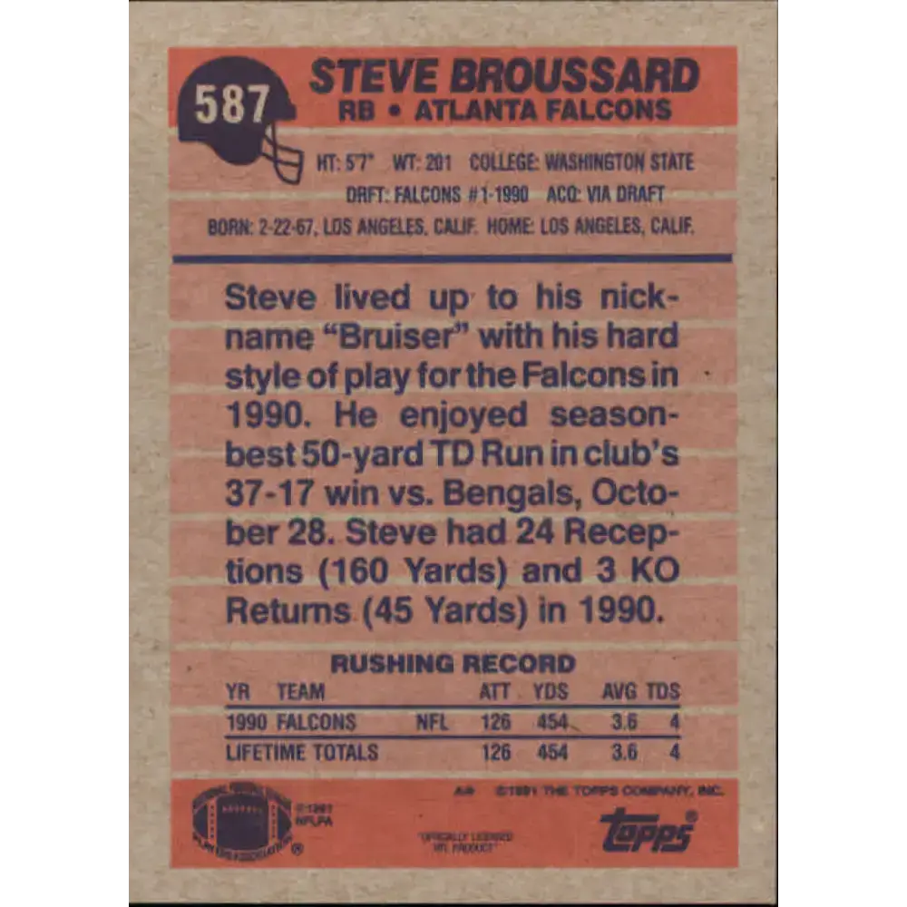 1991 Topps #587 Steve Broussard NM-MT Atlanta Falcons Football Card - Football Card Single