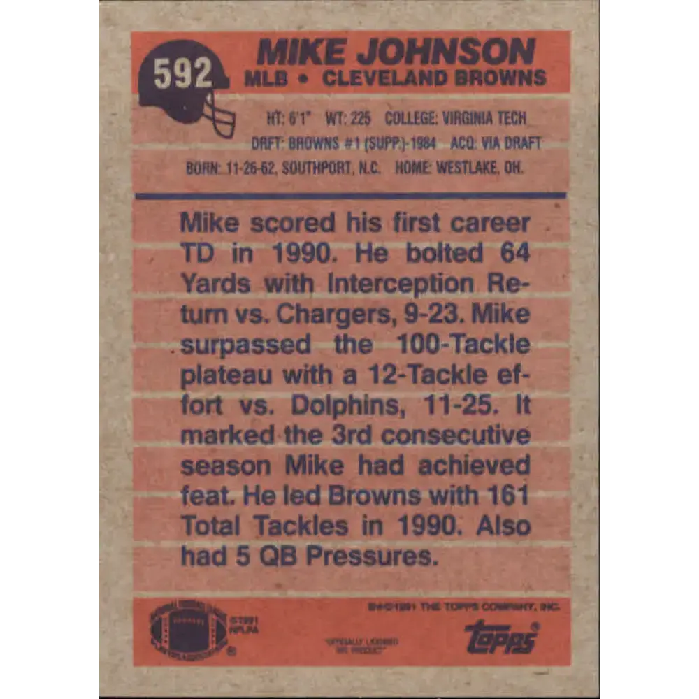 1991 Topps #592 Mike Johnson NM-MT Cleveland Browns Football Card - Football Card Single