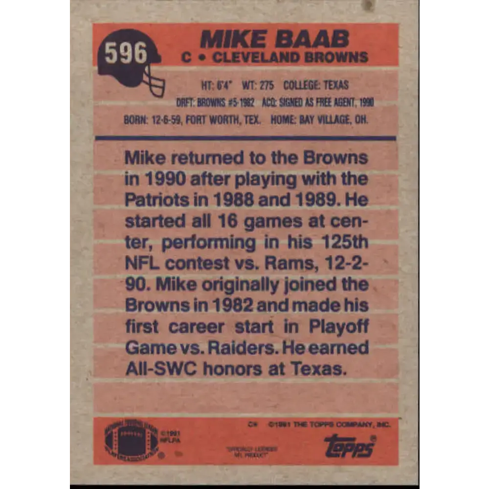 1991 Topps #596 Mike Baab NM-MT Cleveland Browns Football Card