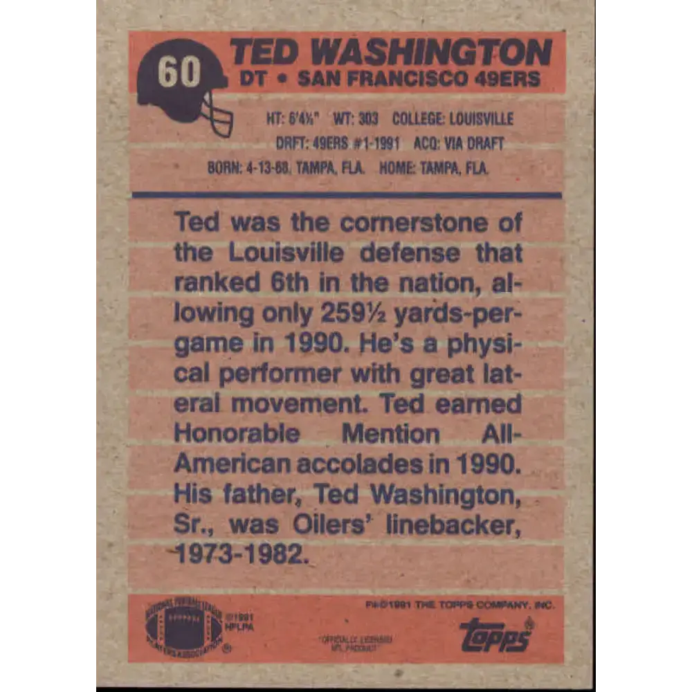 1991 Topps #60 Ted Washington NM-MT RC Rookie San Francisco 49ers Football Card - Football Card Single