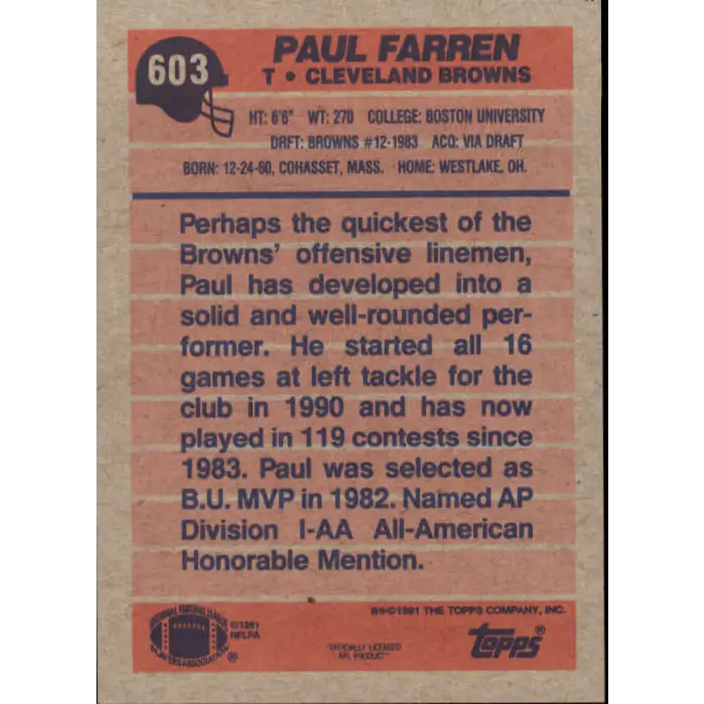 1991 Topps #603 Paul Farren NM-MT Cleveland Browns Football Card - Football Card Single